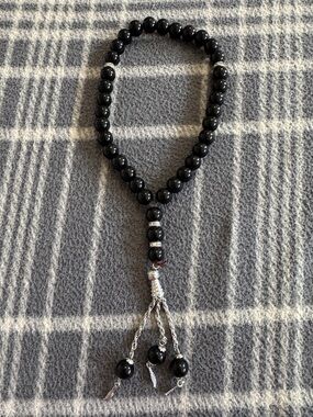 Black & Silver Rosary Tasbhi Beaded Prayer Hand Strand Bracelet